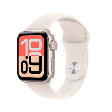 Smartwatch mit weißem Armband und farbigem Display zeigt die Uhrzeit 10:09.