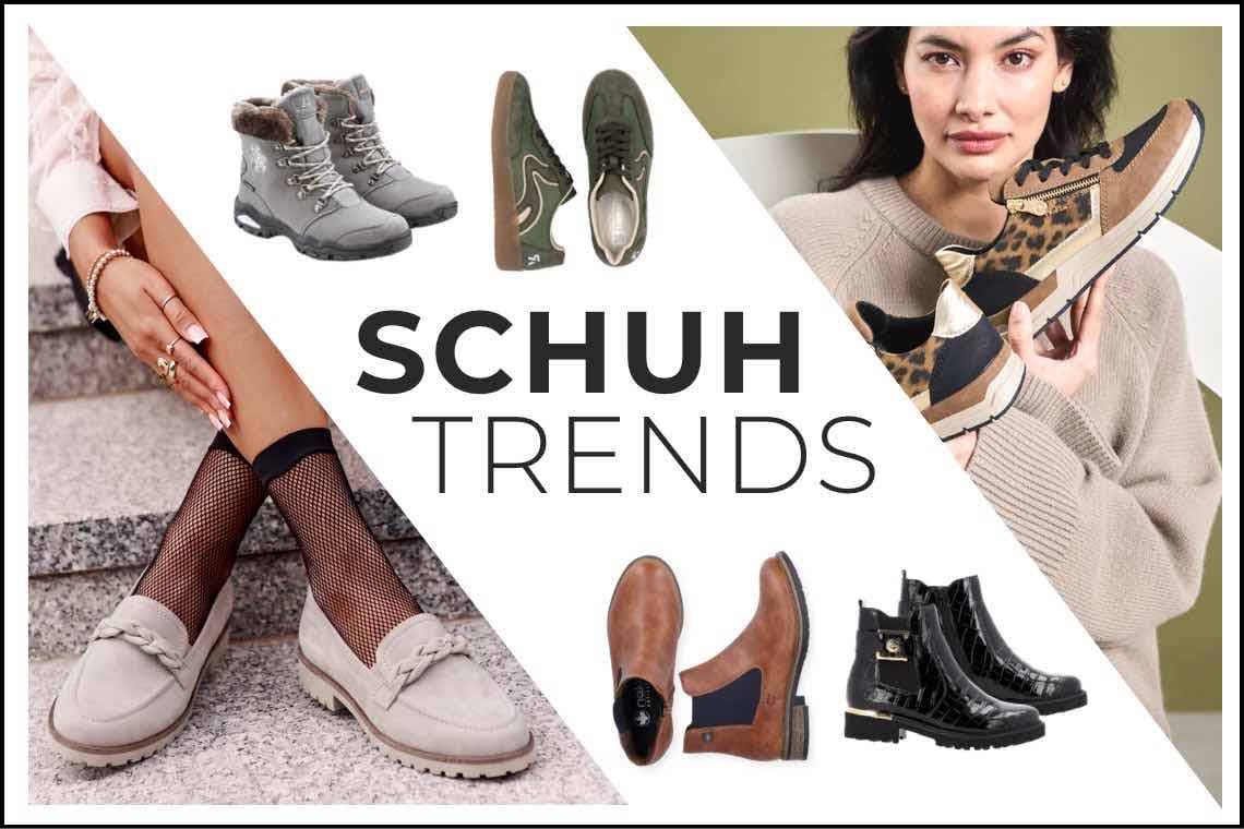 Schuhtrends – Collage mit Frau, die Sneaker zeigt, und verschiedenen Damen- und Herrenschuhen in unterschiedlichen Stilen