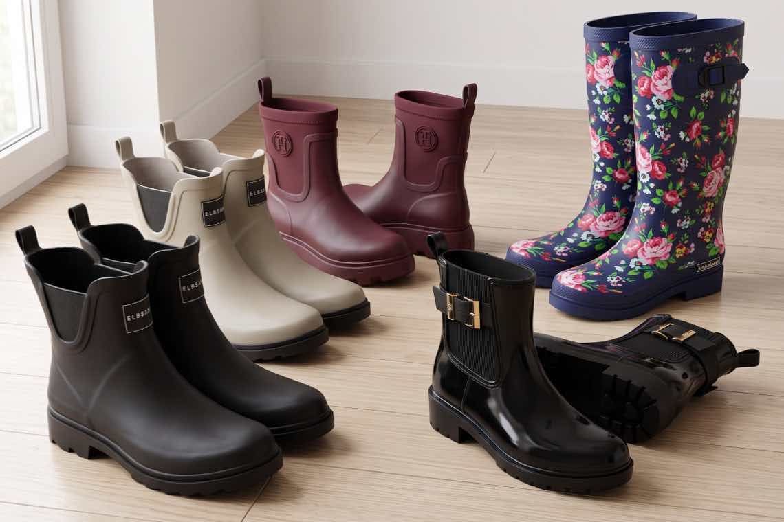 Mehrere Gummistiefel in Schwarz, Beige, Bordeaux und blau mit Blumenmuster stehen auf hellem Holzboden
