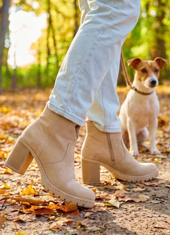 Person in hellen Stiefeletten spaziert im herbstlichen Park, kleiner Hund sitzt daneben auf dem Laubboden