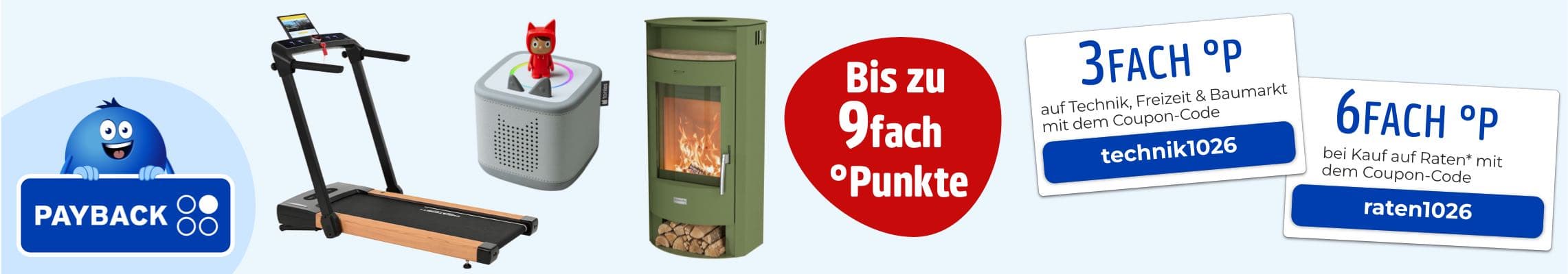 Bis zu 9fach PAYBACK Punkte – Laufband, Hörbox, Kaminofen und Coupons mit Codes technik1026 und raten1026
