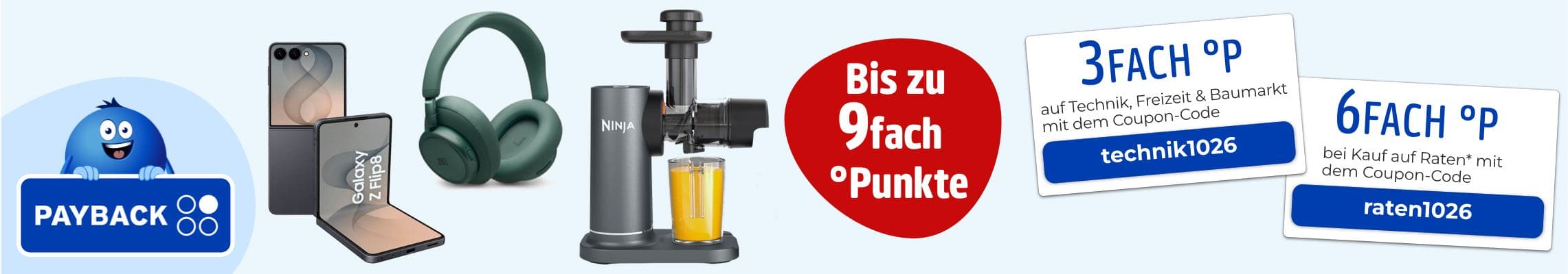 Bis zu 9fach Punkte – PAYBACK Banner mit Smartphone, Kopfhörer, Entsafter und Coupons für 3fach und 6fach Punkte