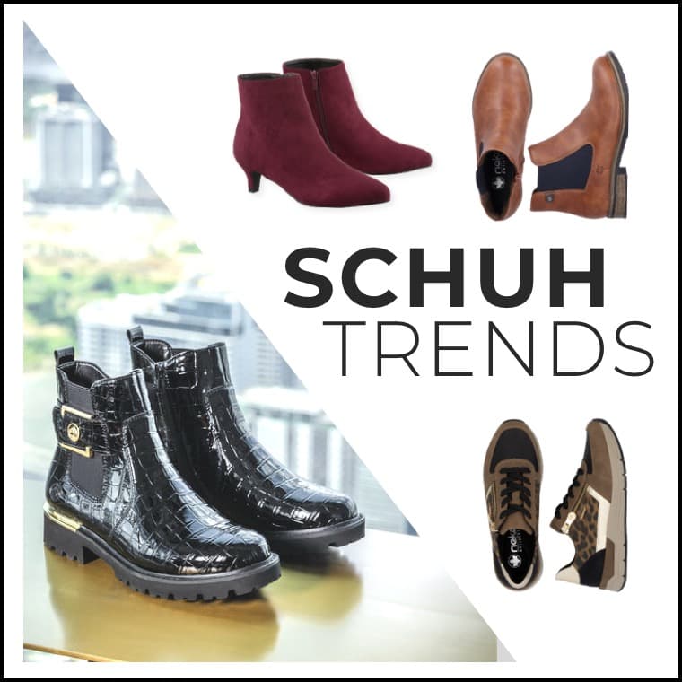 Schuh Trends – Collage aus Stiefeletten, Schnürschuhen und Sneakern vor unscharfer Stadtansicht