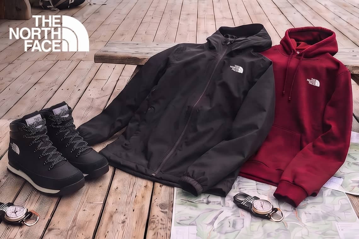 THE NORTH FACE – schwarze Jacke, rote Kapuzenjacke und Wanderstiefel auf Holzdeck, daneben Karten und Kompass-Uhr