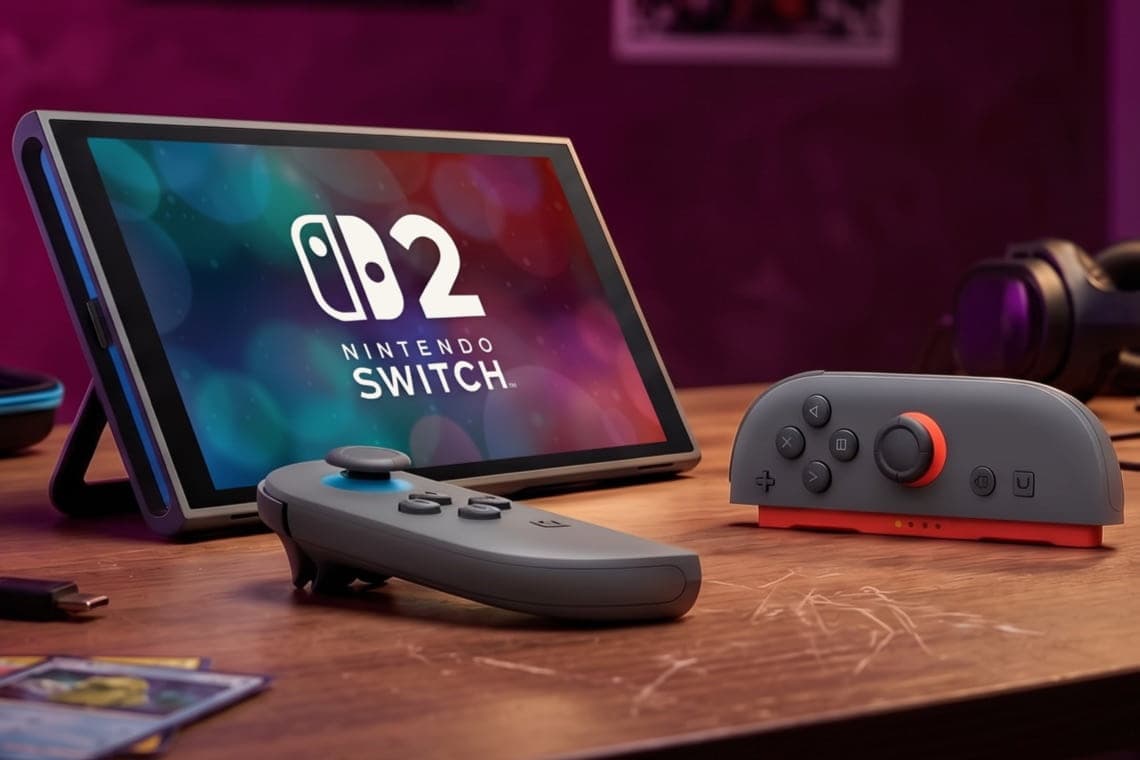 Nintendo Switch 2 – Konsole im Tischmodus mit zwei Controllern auf einem Holztisch in beleuchtetem Gaming-Zimmer
