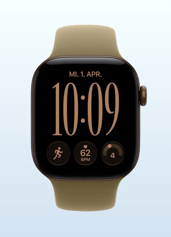 Smartwatch zeigt MI. 1. APR., Uhrzeit 10:09, Schritt-Icon, Puls 62 BPM und Benachrichtigungssymbol auf dunklem Display