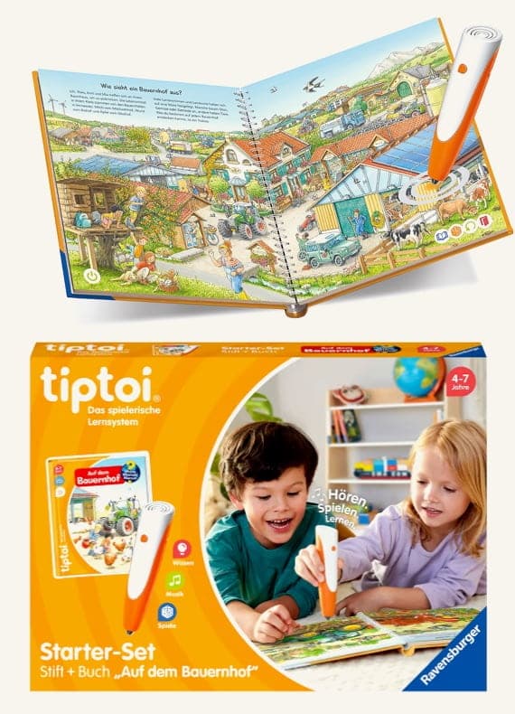 tiptoi Starter-Set „Auf dem Bauernhof“ – zwei Kinder spielen mit Buch und orangem Hörstift am Tisch