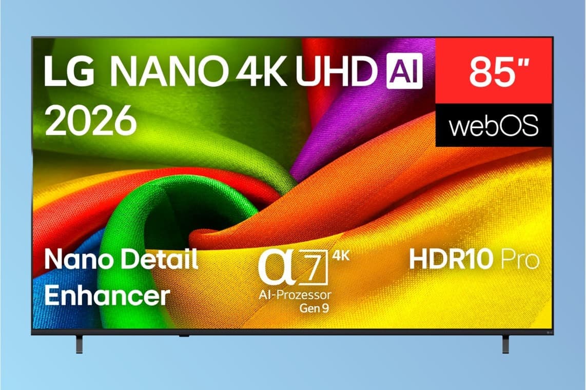 LG NANO 4K UHD AI 2026, 85 Zoll – Fernseher mit buntem Stoffmotiv, Hinweisen zu Nano Detail Enhancer und HDR10 Pro