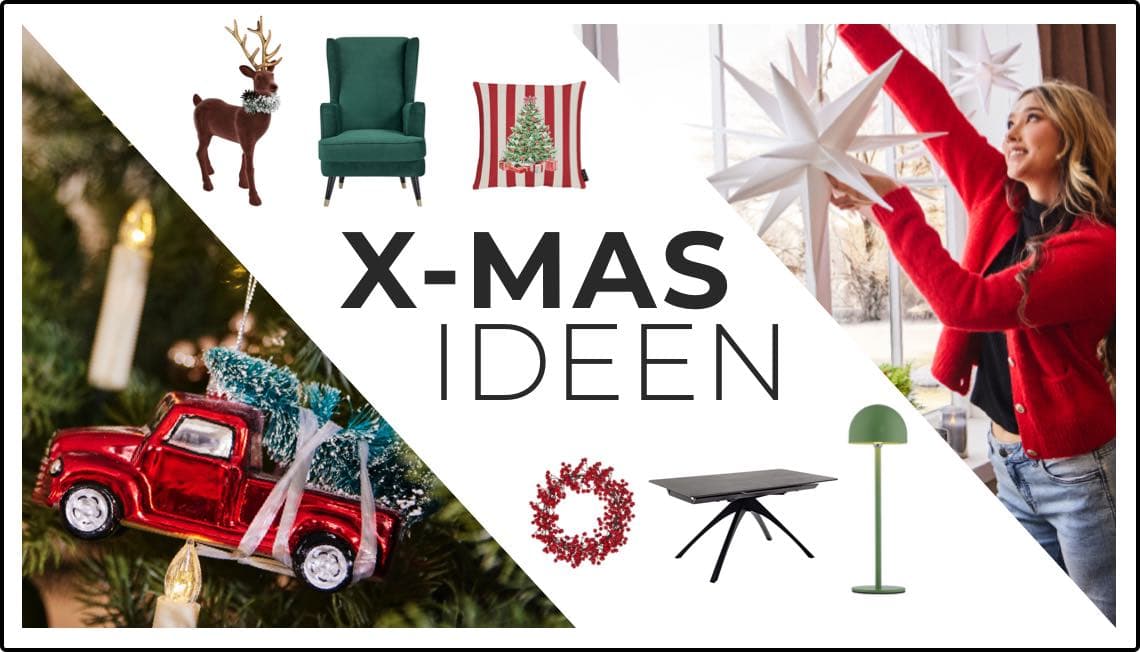 X-MAS IDEEN – Frau in rotem Pullover hängt weiße Stern-Deko auf, daneben Weihnachtsdeko und Möbelstücke