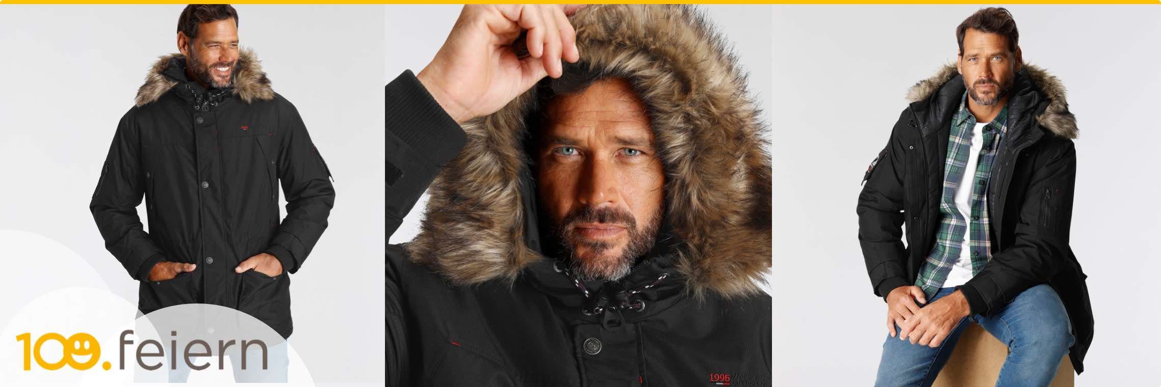 100. feiern – Mann in schwarzer Jacke mit Fellkapuze, Nahaufnahme der Kapuze, Mann sitzt in schwarzer Jacke und kariertem Hemd