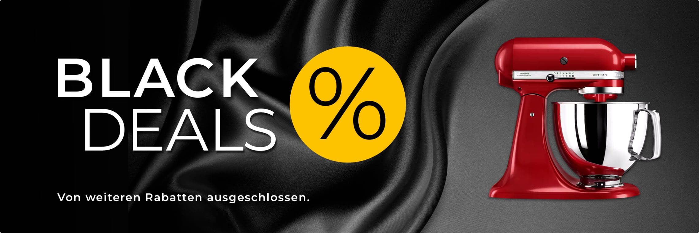 BLACK DEALS – Von weiteren Rabatten ausgeschlossen. Rote Küchenmaschine auf schwarzem Hintergrund mit gelbem Prozentzeichen.