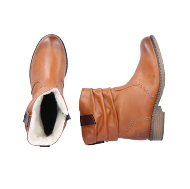 Braune Stiefeletten mit gefüttertem Innenraum, eine Ansicht von oben und eine seitliche Ansicht