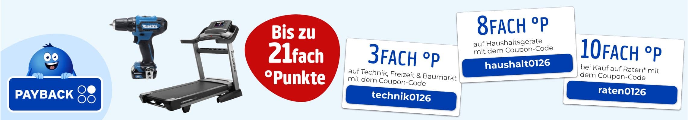 Bis zu 21fach °Punkte – Payback-Logo, Bohrmaschine, Laufband, Coupon-Codes für 3fach, 8fach und 10fach Punkte
