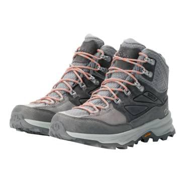 Graue Wanderschuhe mit orangefarbenen Schnürsenkeln und robustem Profil.