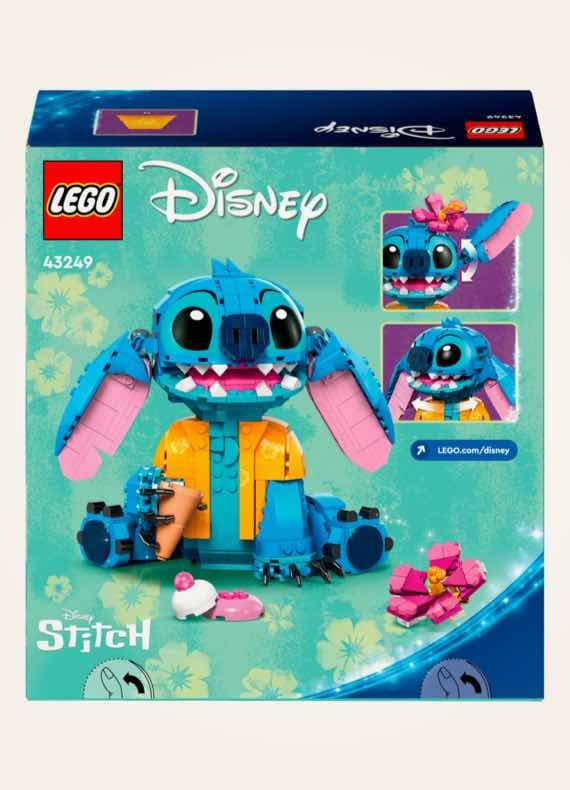 LEGO Disney – Bausatz mit Stitch-Figur und Zubehör auf grünem Hintergrund.