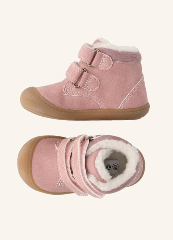 Pinkfarbene Kinderstiefel mit weißem Fellfutter und zwei verstellbaren Riemen, Ansicht von Seite und oben