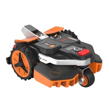 Moderner Mähroboter mit orange-schwarzem Design und robusten Rädern, geeignet für präzises und autonomes Rasenmähen.