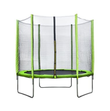 Grünes Trampolin mit Sicherheitsnetz und vier Standfüßen für sicheren Spielspaß im Freien