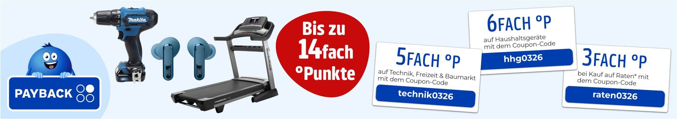 Bis zu 14fach Punkte – PAYBACK Logo, Bohrmaschine, Kopfhörer und Laufband, dazu Coupon-Codes für 6fach, 5fach und 3fach Punkte