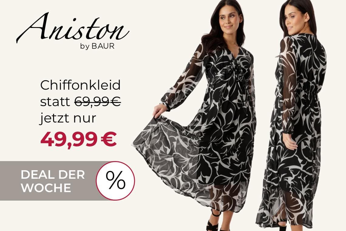 Chiffonkleid statt 69,99 €, jetzt 49,99 € – Deal der Woche, Frau zeigt schwarzes Kleid mit großem Blattmuster von vorn und hinten