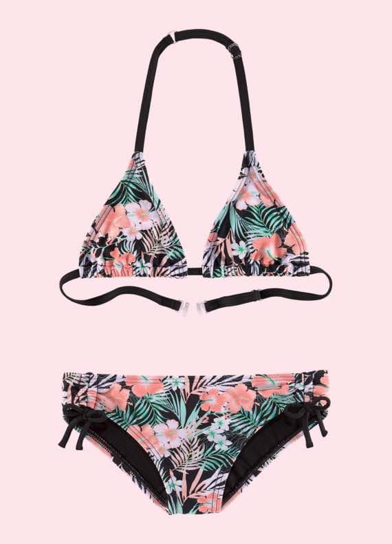 Bikini mit Dreiecksoberteil und Slip, beide mit buntem tropischem Blumen- und Blättermuster auf hellem Hintergrund