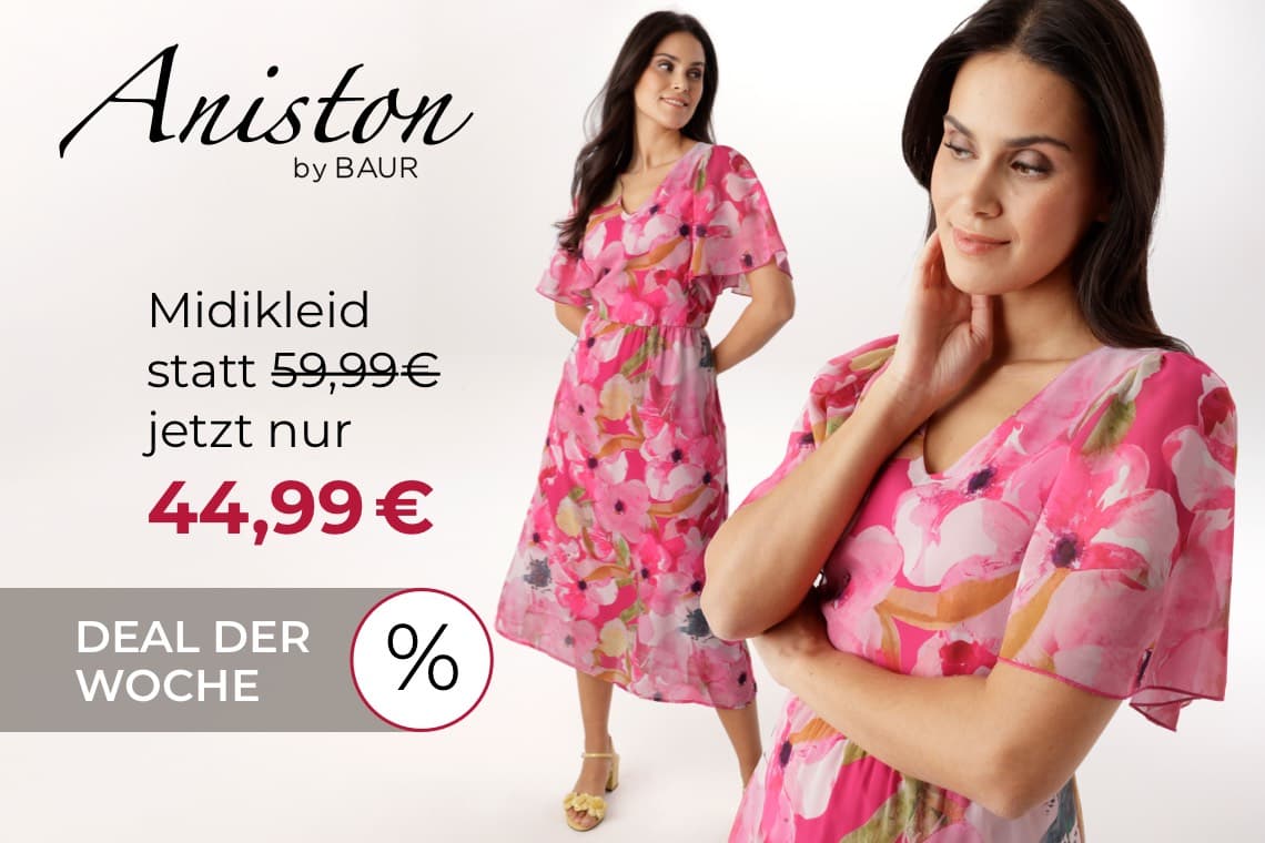 Midikleid statt 59,99 € jetzt nur 44,99 € – Deal der Woche, Frau trägt pinkes Midikleid mit buntem Blumenmuster