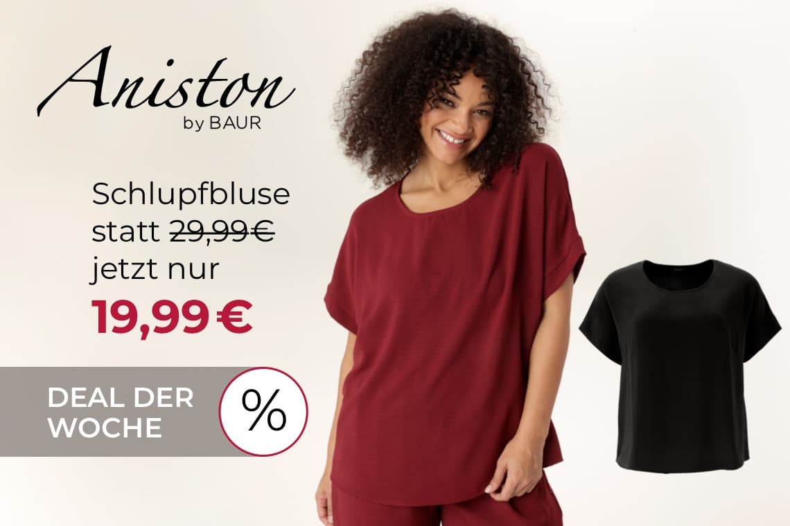 Schlupfbluse jetzt 19,99 € – Deal der Woche mit Frau in roter Bluse, daneben dieselbe Bluse in Schwarz