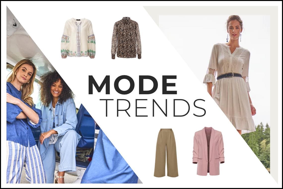 MODE TRENDS – Frauen in lässiger Mode, dazu Bluse, Jacke, Kleid, weite Hose und Blazer auf weißem Hintergrund
