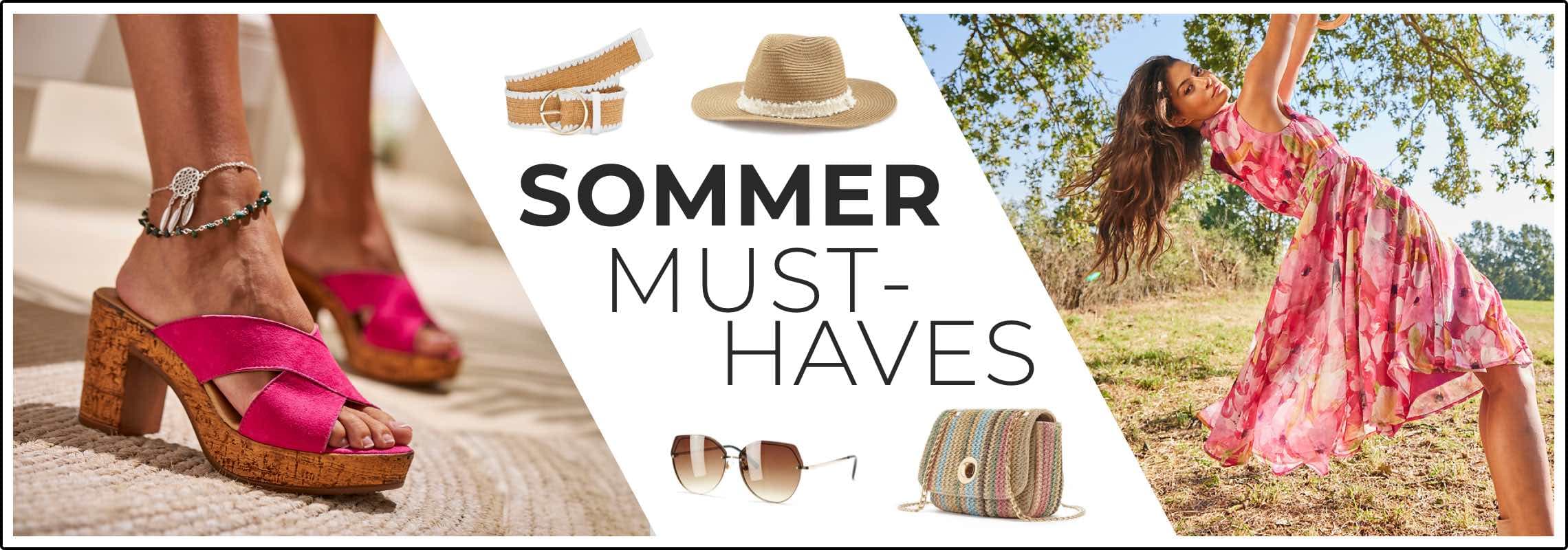 SOMMER MUST-HAVES – Frau im pinken Blumenkleid tanzt im Park, Detail von pinken Sandalen und Accessoires wie Hut und Tasche