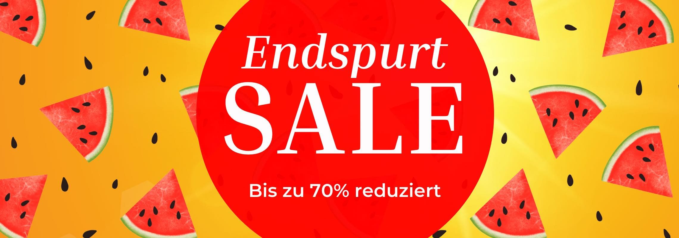 Endspurt SALE % – roter Kreis mit Schrift auf gelbem Hintergrund, umgeben von Wassermelonenstücken