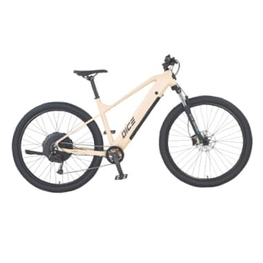 Beiges E-Bike in Seitenansicht vor weißem Hintergrund, mit breiten Reifen, geradem Lenker und Schriftzug am Rahmen