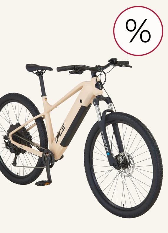 Prozentzeichen für Rabatt – beiges E-Mountainbike von der Seite mit dicken Reifen und integriertem Akku im Rahmen