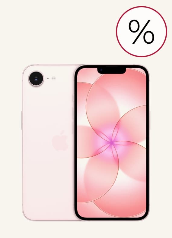 Prozentzeichen für Rabatt – rosafarbenes Smartphone mit großem Display und abstraktem Blütenmotiv auf dem Bildschirm
