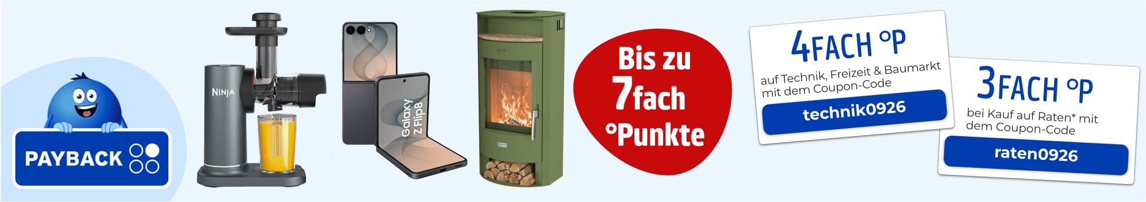 Bis zu 7fach Punkte – Payback-Werbung mit Entsafter, Smartphone, Kaminofen und zwei Coupon-Codes für Mehrfachpunkte