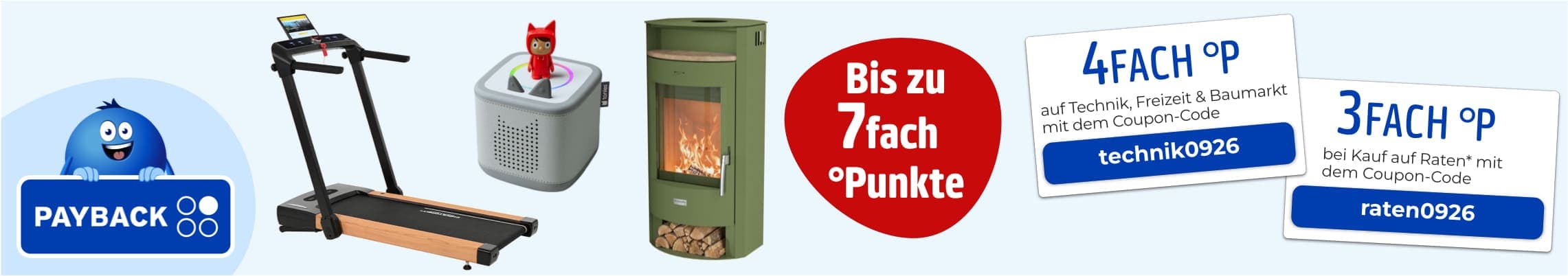 Bis zu 7fach Punkte – PAYBACK Werbung mit Laufband, Hörbox, Kaminofen und zwei Coupons für 4fach und 3fach Punkte
