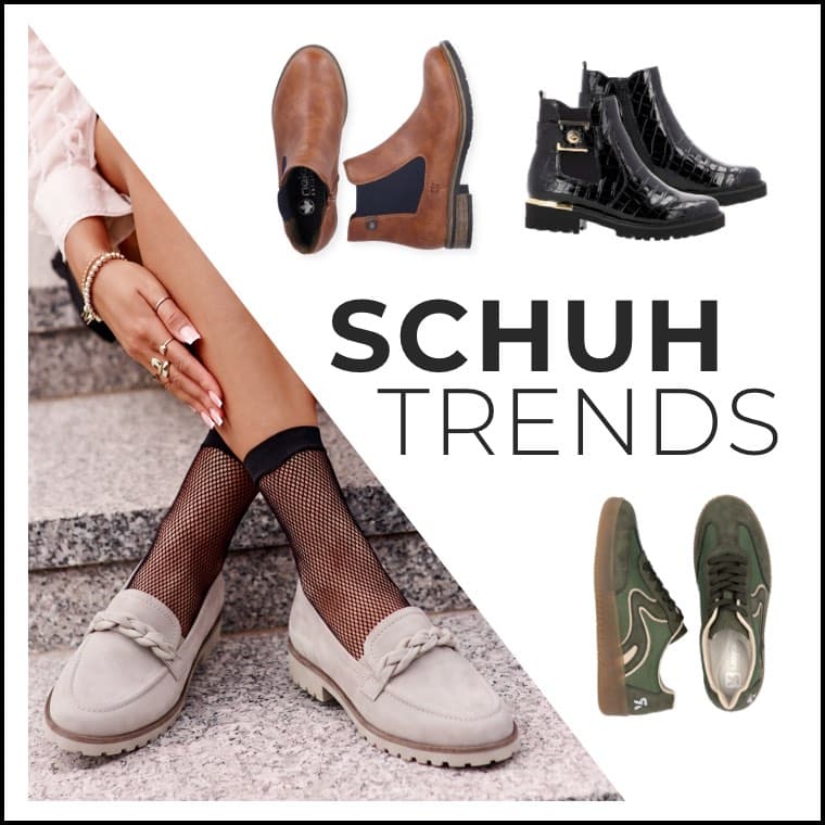 Schuhtrends – Frau sitzt auf Treppe mit Loafern, daneben Stiefeletten und Sneakers als aktuelle Modelle