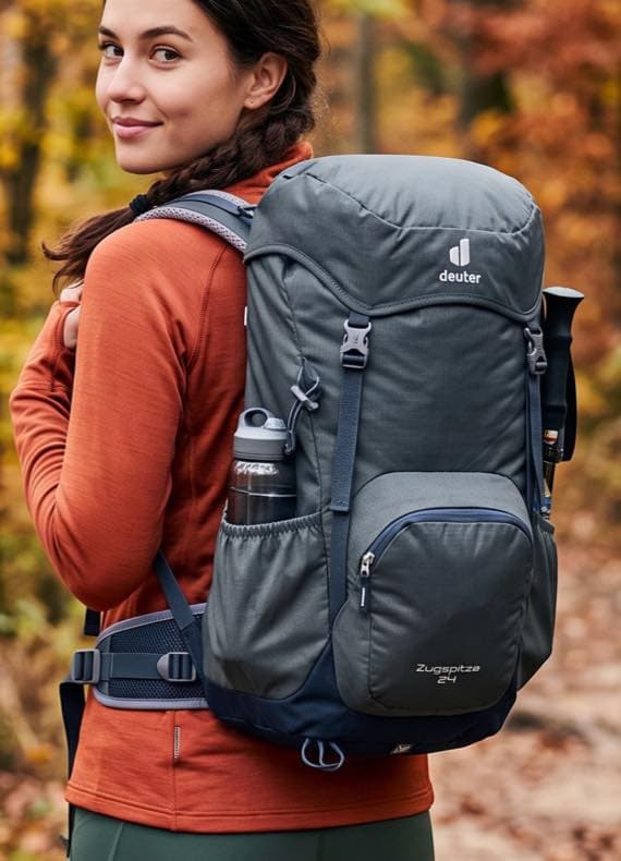 Frau mit großem Deuter-Rucksack Zugspitze 24 auf dem Rücken wandert im herbstlichen Wald und blickt über die Schulter