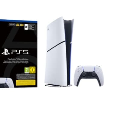 PlayStation 5 Digital Edition mit Verpackung, stehender Konsole und einem weißen Controller davor