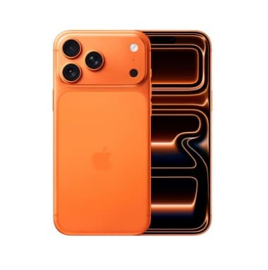 Orangefarbenes Smartphone mit drei Kameras auf der Rückseite, davor Display mit leuchtendem abstraktem Muster