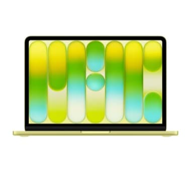 Offener Laptop mit abstraktem gelb-grün-blauem Muster auf dem Bildschirm vor weißem Hintergrund