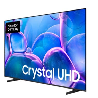 Made for Germany – Fernseher mit bunter Blasen-Grafik und großem Schriftzug Crystal UHD auf dem Bildschirm