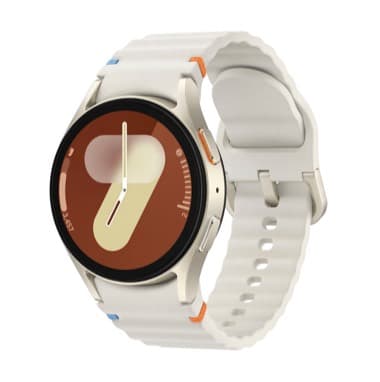 Moderne Smartwatch mit rundem Display und weißem Armband, seitlich schräg von vorne gezeigt