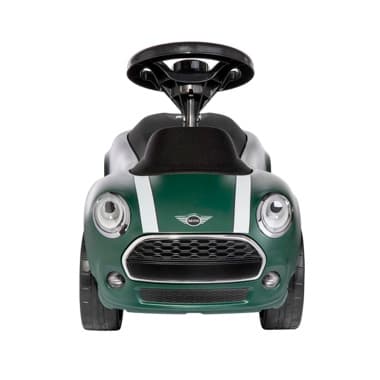 Grünes Rutschauto im Mini-Design, frontal aufgenommen mit Lenkrad und breiten Reifen