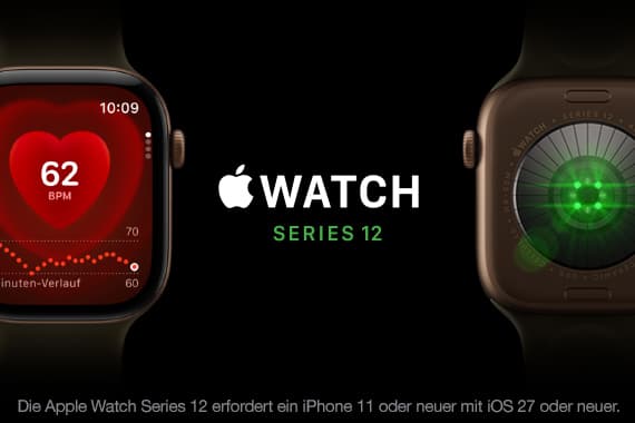 Apple Watch Series 12 – Vorderseite mit Herzfrequenzanzeige und Rückseite mit grünem Sensor auf schwarzem Hintergrund