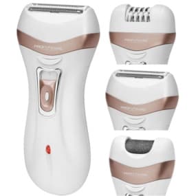 Weißer elektrischer Elektrorasierer mit goldenen Akzenten und vier verschiedenen Aufsätzen für unterschiedliche Haarentfernungs- und Pflegebedürfnisse.