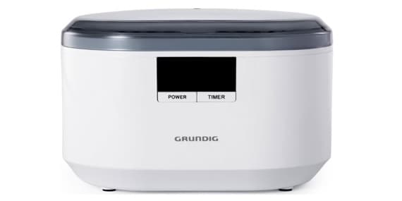 Weißer Ultraschallreiniger mit grauem Deckel und digitalem Display, auf dem "Power" und "Timer" angezeigt werden.