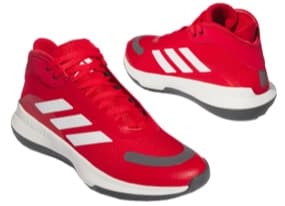 Ein Paar leuchtend rote Sportschuhe von Adidas mit weißen Streifen und grauen Akzenten. Die Schuhe haben einen hohen Schnitt für zusätzlichen Halt und sind ideal für Basketball oder andere sportliche Aktivitäten.
