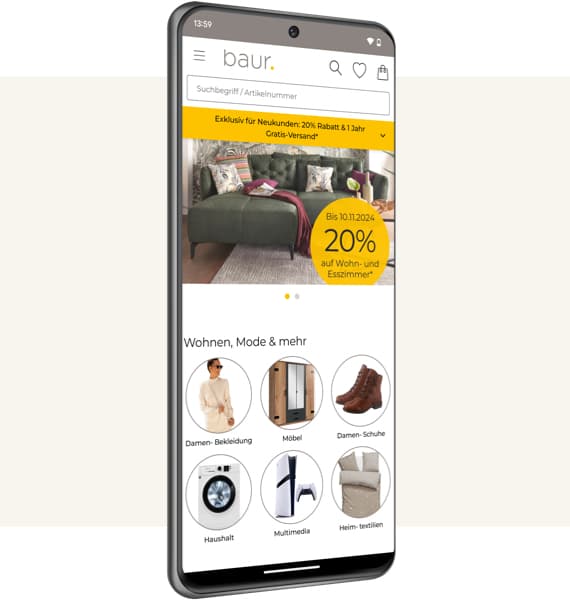 Smartphone mit Starseite der BAUR-App