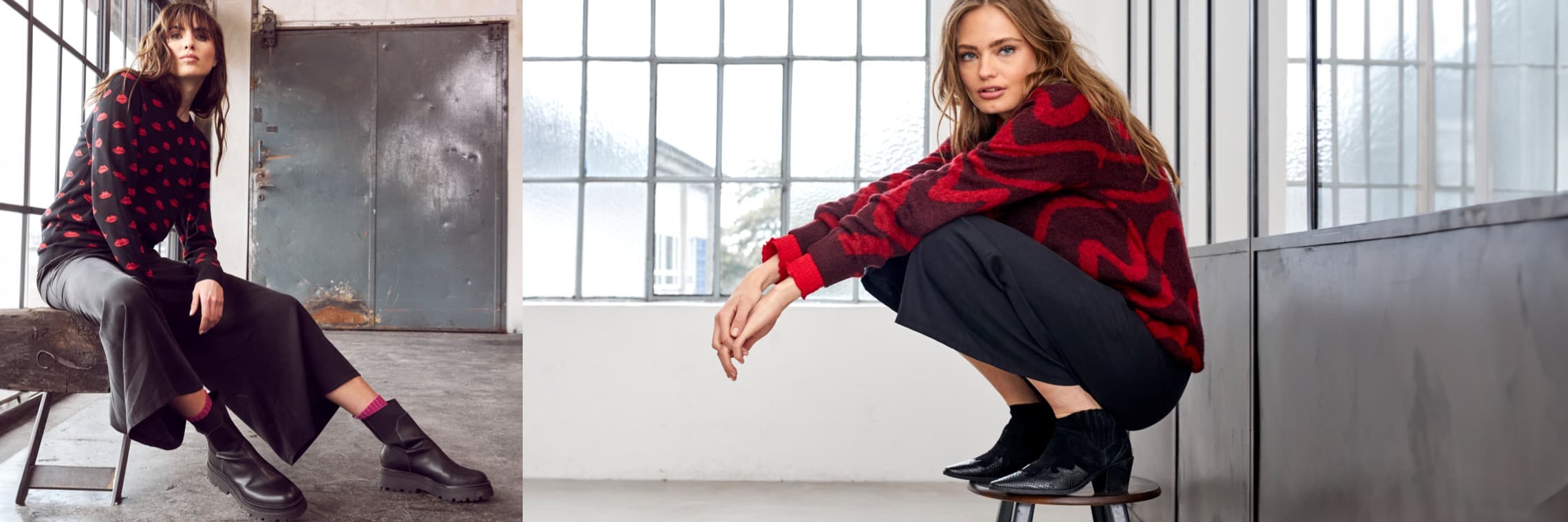 Frau die eine schwarze, halblange Culotte-Hose und rot-schwarzen Pullover trägt