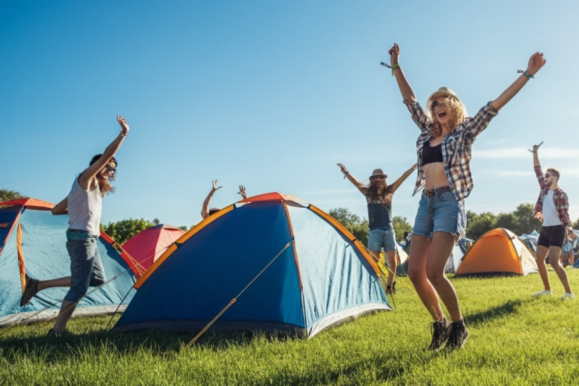 Mehrere Personen feiern im Freien, springen und haben Spaß zwischen bunten Zelten. Der Himmel ist blau und die Wiese ist grün.